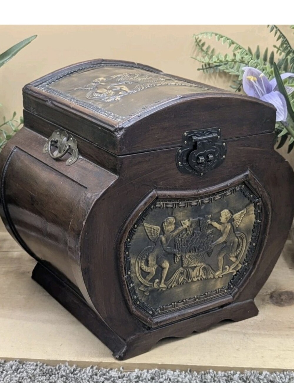 Wooden Cupid Cherbium Hand Crafted Metal Inlay Felt Lined Storage Keepsake Box